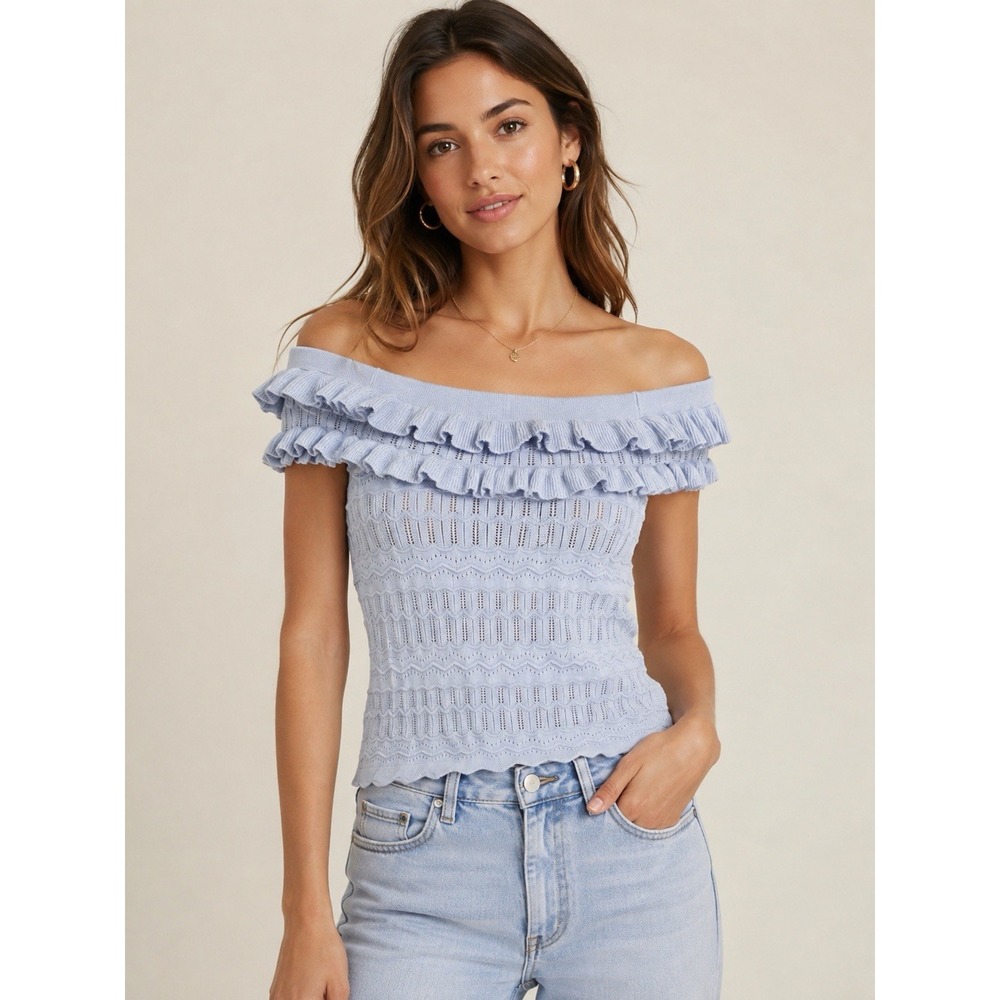 GUESS Nola Off Shoulder Pointelle Knit Top Airway Blue Ruffle Size L NWT